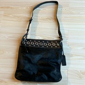 Aqua Madonna Black Calf Hair Studded Leather Crossbody Shoulder Bag